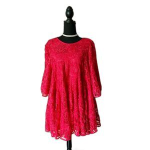 FREE PEOPLE lipstick red mini swing dress lace bell sleeves holiday party NWT